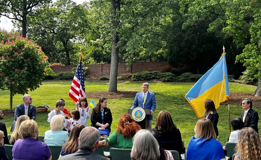 Acting Deputy Under Secretary Jason Hafemeister speaks at the U.S.-Ukraine Memorial Tree Planting Ceremony.