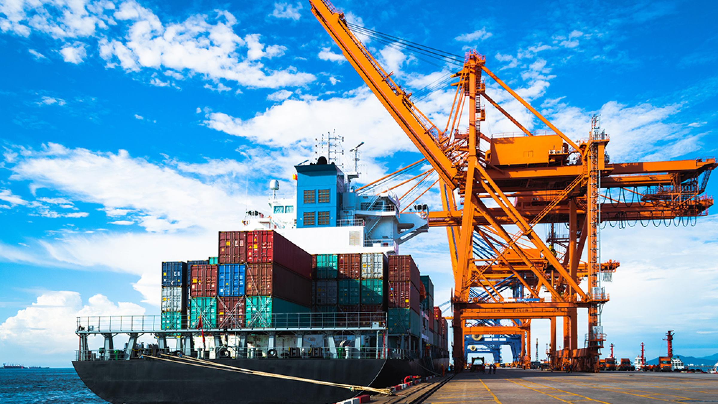 Photo of a cargo ship being loaded in a port
