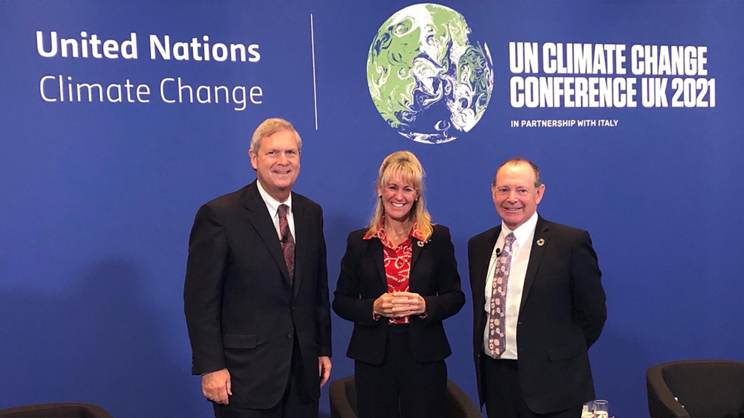 Agriculture Secretary Tom Vilsack with British National Farmers Union President Minette Batters and Global Dairy Platform Exec Director Donald Moore at the COP26 conference to discuss the Pathways To Dairy Net Zero initiative in Glasgow, Scotland, UK on November 4, 2021. USDA photo.