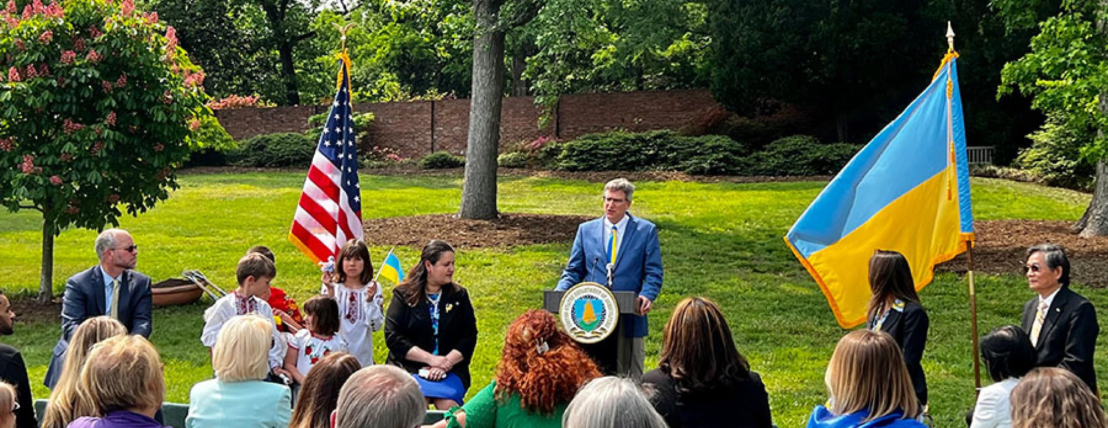 Acting Deputy Under Secretary Jason Hafemeister speaks at the U.S.-Ukraine Memorial Tree Planting Ceremony.