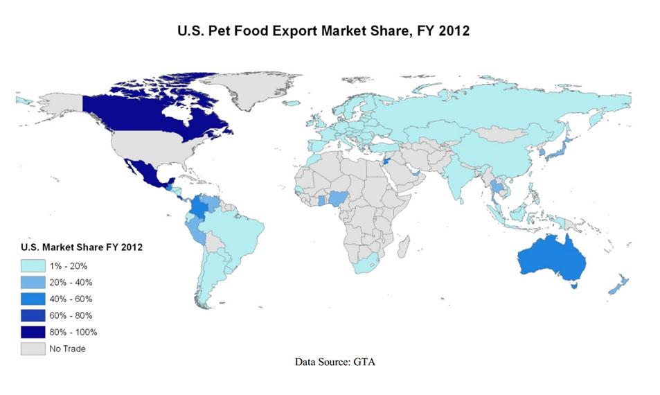 Global map showing market share of U.S. pet food exports. The U.S. controls it's high market shares in Canada and Mexico. Global map showing market share of U.S. pet food exports. The U.S. controls it's high market shares in Canada and Mexico.