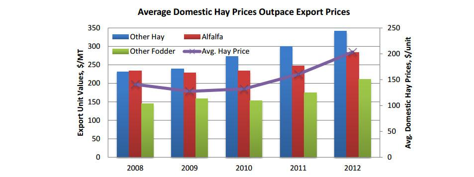 Bar graph showing that Average Domestic Hay Prices Outpace Export Prices
