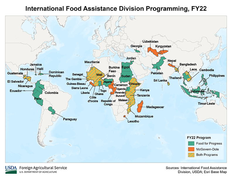 Map of USDA - FAS food assistance projects around the world. 